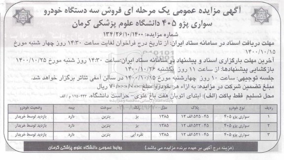 مزایده فروش سه دستگاه خودرو سواری پژو 405