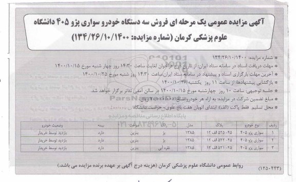 مزایده فروش سه دستگاه خودرو سواری پژو 405