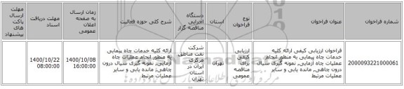 فراخوان ارزیابی کیفی ارائه کلیه خدمات چاه پیمایی به منظور انجام عملیات چاه آزمایی, نمونه گیری سیال درون چاهی, مانده یابی و سایر عملیات مرتبط