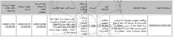 مناقصه عمومی همزمان با ارزیابی (فشرده) یک مرحله ای حفر و پمپاژ سه حلقه چاه آب شرب همراه با تامین و نصب لوله جدار 14اینچ فولادی ازمحل اعتبارات جاری - معاونت به