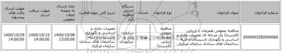 مناقصه عمومی همزمان با ارزیابی (فشرده) یک مرحله ای تعمیرات جاری و اساسی و نگهداری تاسیسات و ابنیه ساختمان های ستادی سازمان مرکزی