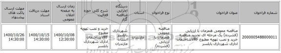 مناقصه عمومی همزمان با ارزیابی (فشرده) یک مرحله ای تجدید مناقصه خرید و نصب تهویه مطبوع VRFساختمان اداری شهرداری بابلسر
