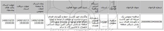 مناقصه عمومی یک مرحله ای امور کاشت و نگهداری فضای سبز بخش شرقی منطقه 2