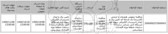 مناقصه عمومی همزمان با ارزیابی (فشرده) یک مرحله ای تامین برق و ایجاد تاسیسات الکتریکی سوله انبار ایستگاه آتش نشانی سایت 3 سازمان منطقه ویژه اقتصادی پتروشیمی
