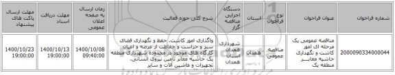 مناقصه عمومی یک مرحله ای امور کاشت و نگهداری حاشیه معابــــر منطقه یک