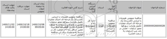 مناقصه عمومی همزمان با ارزیابی (فشرده) یک مرحله ای اجرای عملیات تکمیل واریانت سورکوه محور شلمان - املش در باند چپ (شلمان به سمت املش)  