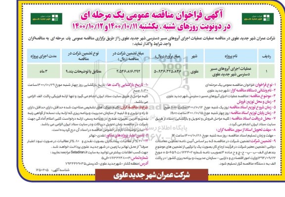 فراخوان مناقصه عملیات اجرای آبراه‌های مسیر دسترسی شهر 