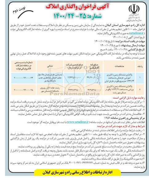 مزایده واگذاری املاک - نوبت دوم