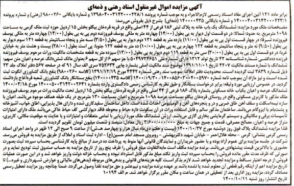 مزایده،مزایده ششدانگ یکبابخانه پلاک ثبتی 186 فرعی 