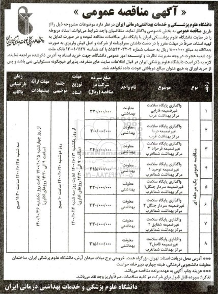 مناقصه واگذاری پایگاه سلامت غیرضمیمه فارابی....
