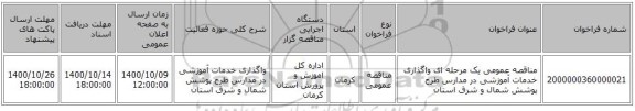 مناقصه عمومی یک مرحله ای واگذاری خدمات آموزشی  در مدارس طرح پوشش شمال و شرق استان 