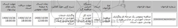 مناقصه عمومی یک مرحله ای واگذاری خدمات آموزشی  در مدارس طرح پوشش جنوب استان 