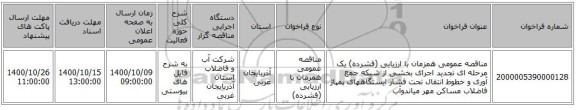 مناقصه عمومی همزمان با ارزیابی (فشرده) یک مرحله ای تجدید اجرای بخشی از شبکه جمع آوری و خطوط انتقال تحت فشار ایستگاههای پمپاژ فاضلاب مساکن مهر میاندوآب
