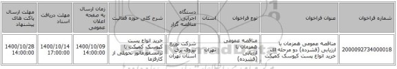 مناقصه عمومی همزمان با ارزیابی (فشرده) دو مرحله ای خرید انواع پست کیوسک کمپکت