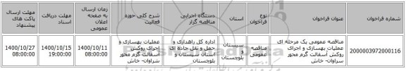 مناقصه عمومی یک مرحله ای عملیات بهسازی و اجرای روکش آسفالت گرم محور سراوان- خاش