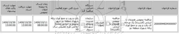 مناقصه عمومی همزمان با ارزیابی (فشرده) یک مرحله ای رفت و روب و جمع آوری زباله شهری منطقه دو