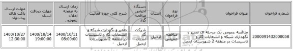 مناقصه عمومی یک مرحله ای تعمیر و نگهداری شبکه و انشعابات گاز و تاسیسات در منطقه 2 شهرستان اردبیل 