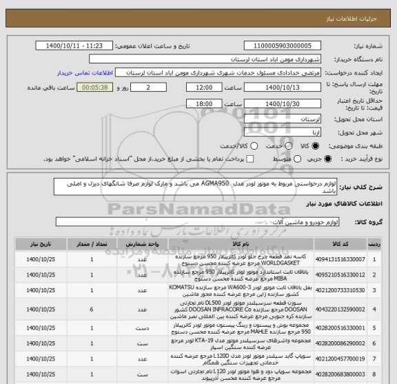 استعلام لوازم درخواستی مربوط به موتور لودر مدل  AGMA950 می باشد و مارک لوازم صرفا شانگهای دیزل و اصلی باشد 