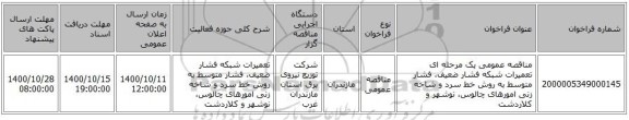 مناقصه عمومی یک مرحله ای تعمیرات شبکه فشار ضعیف، فشار متوسط به روش خط سرد و شاخه زنی امورهای چالوس، نوشهر و کلاردشت 