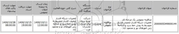 مناقصه عمومی یک مرحله ای تعمیرات شبکه فشار ضعیف، فشار متوسط به روش خط سرد و شاخه زنی امورهای نور و محمود آباد 