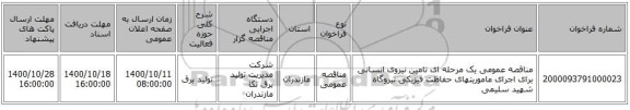 مناقصه عمومی یک مرحله ای  تامین نیروی انسانی برای اجرای ماموریتهای حفاظت فیزیکی نیروگاه شهید سلیمی 