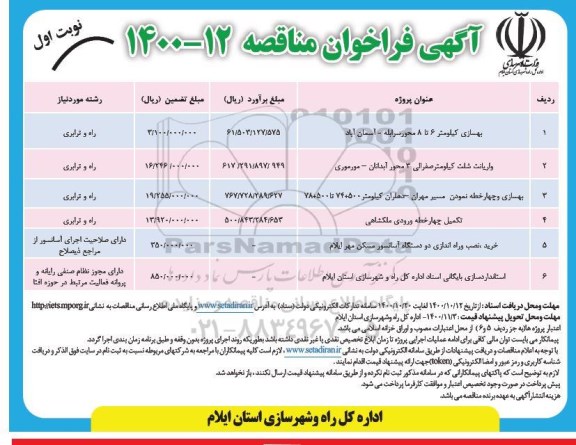 فراخوان مناقصه بهسازی کیلومتر 6 تا 8 و...