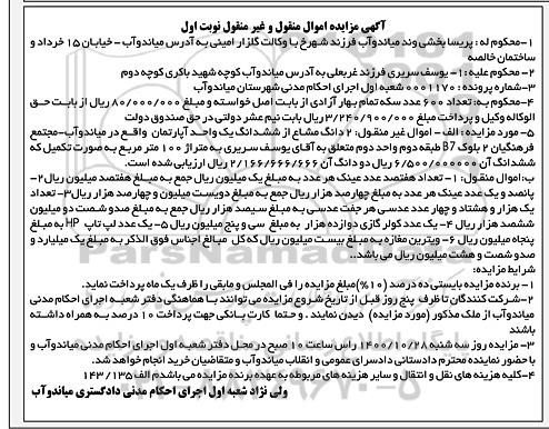 مزایده،مزایده دو دانگ مشاع از ششدانگ آپارتمان نوبت اول