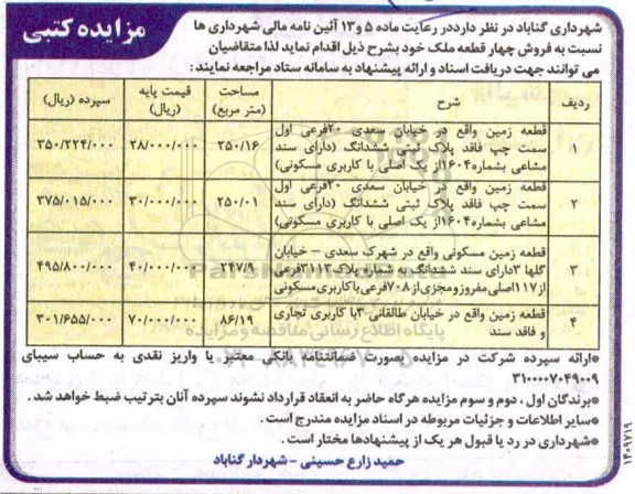 مزایده،مزایده فروش چهار قطعه ملک مسکونی و تجاری
