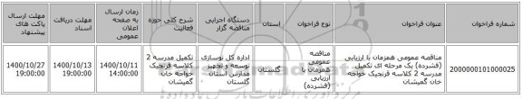 مناقصه عمومی همزمان با ارزیابی (فشرده) یک مرحله ای تکمیل مدرسه 2 کلاسه قرنجیک خواجه خان گمیشان