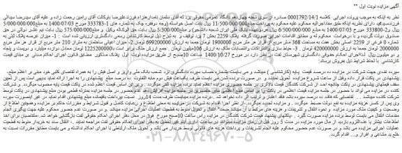 مزایده،مزایده فروش میزان عرصه پلاک ثبتی به شماره 0 فرعی از 2259 اصلی