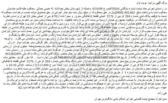 مزایده،مزایده فروش  پلاک ثبتی بشماره 264  فرعی از 2176  اصلی قطعه 6 تفکیکی مغروز و مجزا شده از59 فرعی از اصلی 