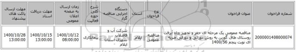 مناقصه عمومی یک مرحله ای حفر و تجهیز چاه آبرفت روستای طاق گورین به روش دورانی و دورانی ضربه ای نوبت پنجم 1400/56