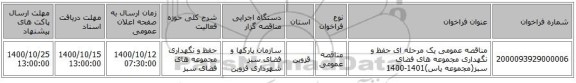 مناقصه عمومی یک مرحله ای حفظ و نگهداری مجموعه های فضای سبز(مجموعه یاس)1401-1400