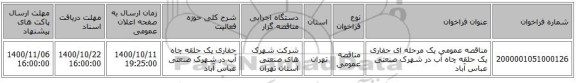 مناقصه عمومی یک مرحله ای حفاری یک حلقه چاه آب در شهرک صنعتی عباس آباد 