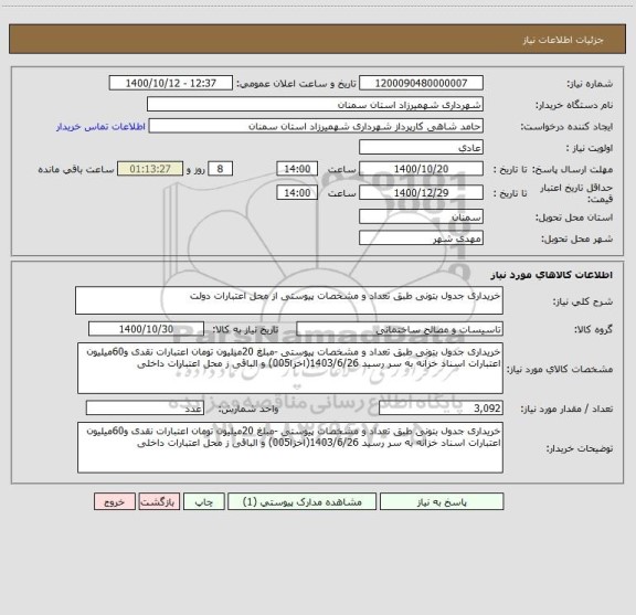 استعلام خریداری جدول بتونی طبق تعداد و مشخصات پیوستی از محل اعتبارات دولت
