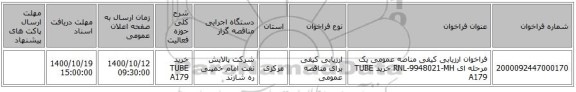 فراخوان ارزیابی کیفی مناصه عمومی یک مرحله ای RNL-9948021-MH خرید TUBE A179