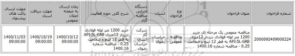 مناقصه عمومی یک مرحله ای خرید 1200 متر لوله فولادی درزدار 12متری API-5L-GRB به قطر 12 اینچ و ضخامت 0.25 - مناقصه شماره 1400.16