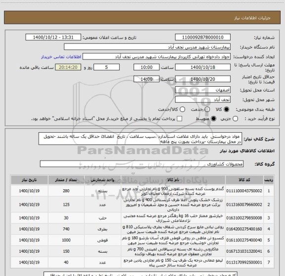 استعلام  مواد درخواستی  باید دارای علامت استاندارد ،سیب سلامت ، تاریخ  انقضائ حداقل یک ساله باشند -تحویل در محل بیمارستان -پرداخت بصورت پنج ماهه