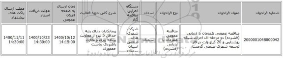 مناقصه عمومی همزمان با ارزیابی (فشرده) دو مرحله ای اجرای شبکه روشنایی و 20 کیلو ولت در فاز توسعه شهرک صنعتی گرمسار