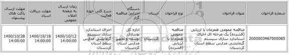 مناقصه عمومی همزمان با ارزیابی (فشرده) یک مرحله ای اجرای استاندارد سازی سیستم گرمایشی مدارس سطح استان کردستان 