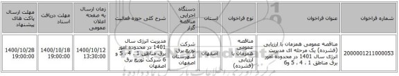 مناقصه عمومی همزمان با ارزیابی (فشرده) یک مرحله ای مدیریت انرژی سال 1401 در محدوده امور برق مناطق 1 ، 4 ، 5 و6