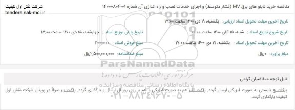 مناقصه خرید تابلوهای برق MV (فشار متوسط) و اجرای خدمات نصب و راه اندازی