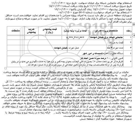 استعلام بهای جابجایی شبکه برق خیابان