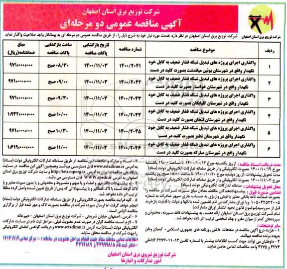 مناقصه واگذاری اجرای پروژه های تبدیل شبکه فشار ضعیف به کابل خودنگهدار 