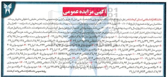 مزایده تعداد 18 دستگاه خودرو سواری