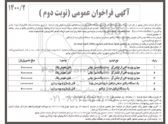 مزایده فروش سه دستگاه خودرو قابل تعویض پلاک ...