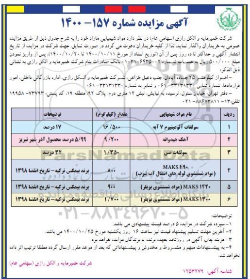 مزایده واگذاری مواد شیمیایی مازاد