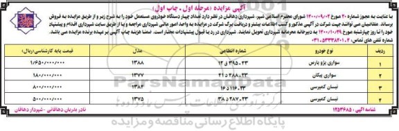مزایده، مزایده فروش تعداد چهار دستگاه خودروی مستعمل