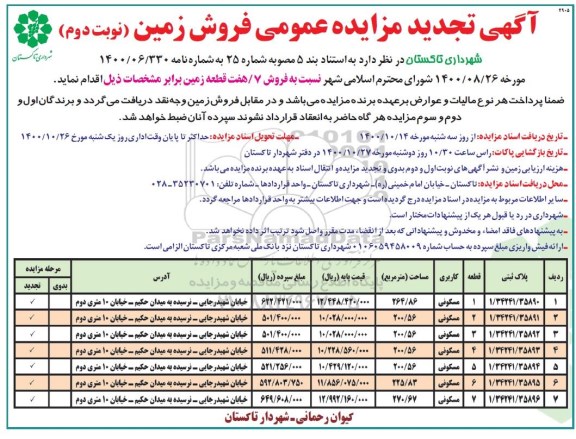 مزایده فروش 7 زمین مسکونی