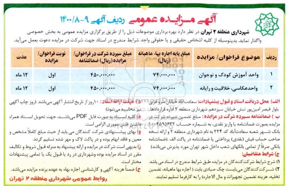 مزایده واحد اموزش کودک و نوجوان